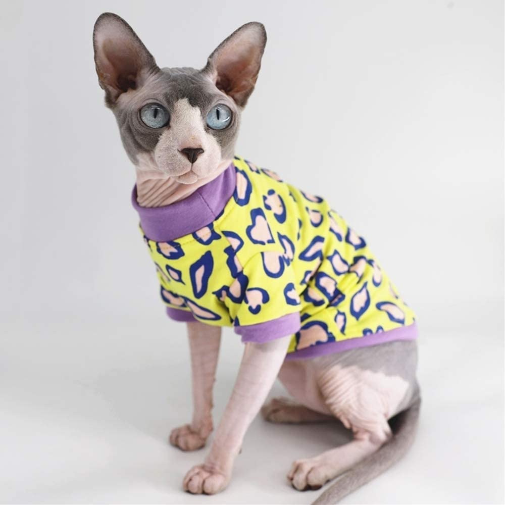 Sphynx Hairless Cat Cute Summer Cotton T-Shirts Pet Clothes,Round Collar Kitten Shirts Cats Apparel (Leopard, Medium (Pack Of 1)